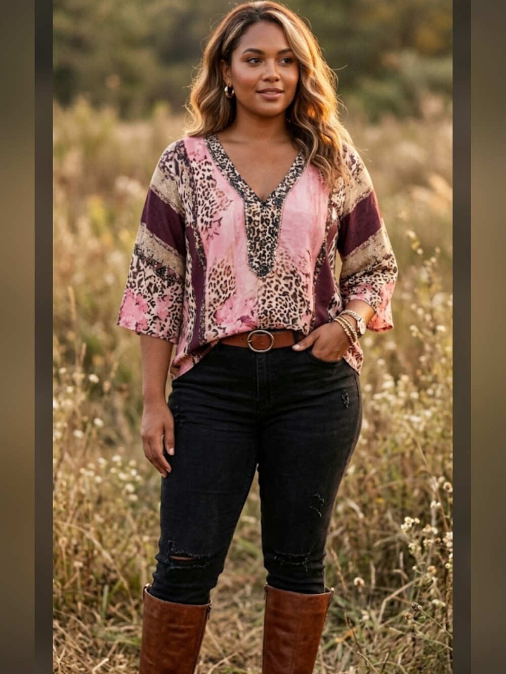 Bohemian V-Neck Animal Print Blouse in Pink and Brown Sz 1X